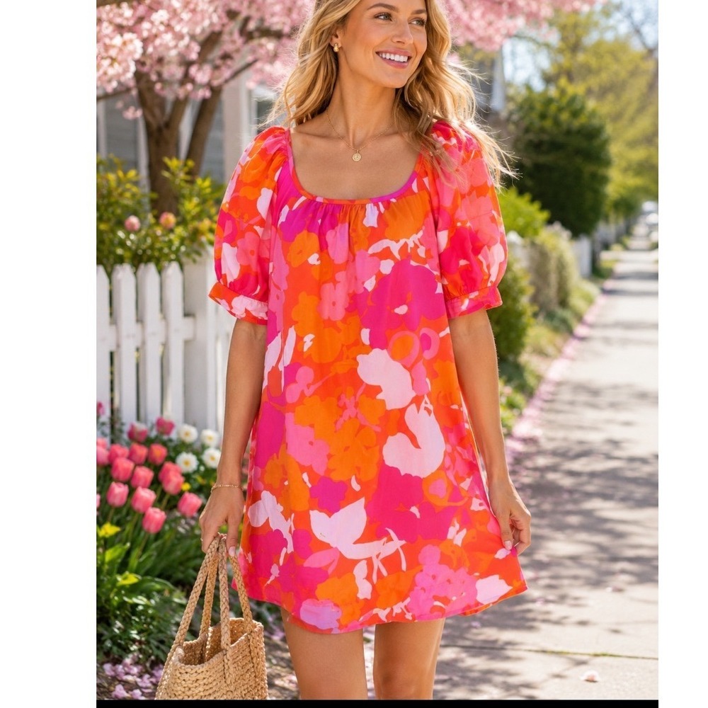 Free‎ assembly Pink Orange Floral Puff Sleeve Tie Back Shift Mini Dress med